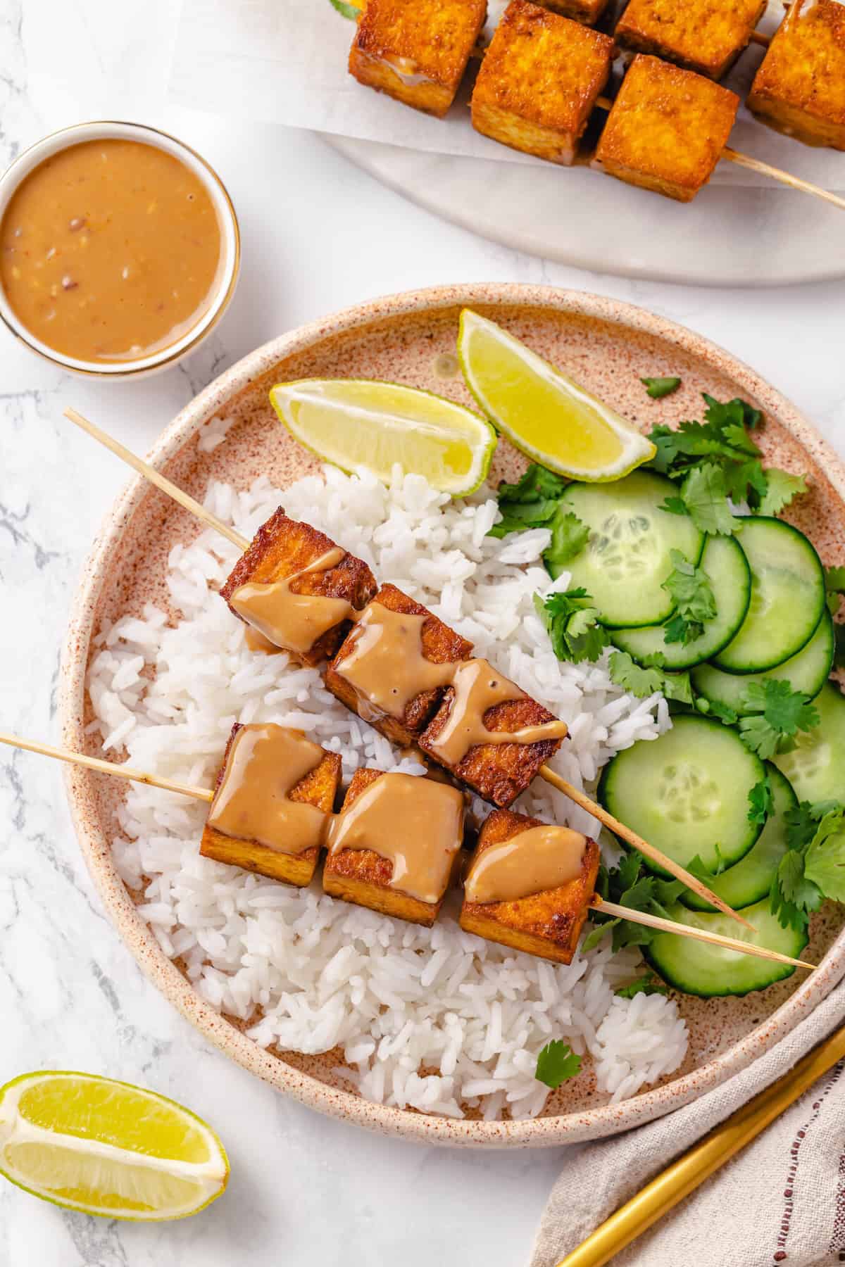Move over, chicken satay. This tofu satay delivers all the sweet, savoury, tang you crave, with firm caramelised tofu and Thai peanut sauce. Overhead image of tofu satay served with jasmine rice, cucumber, lime, cilantro, and Thai peanut sauce.