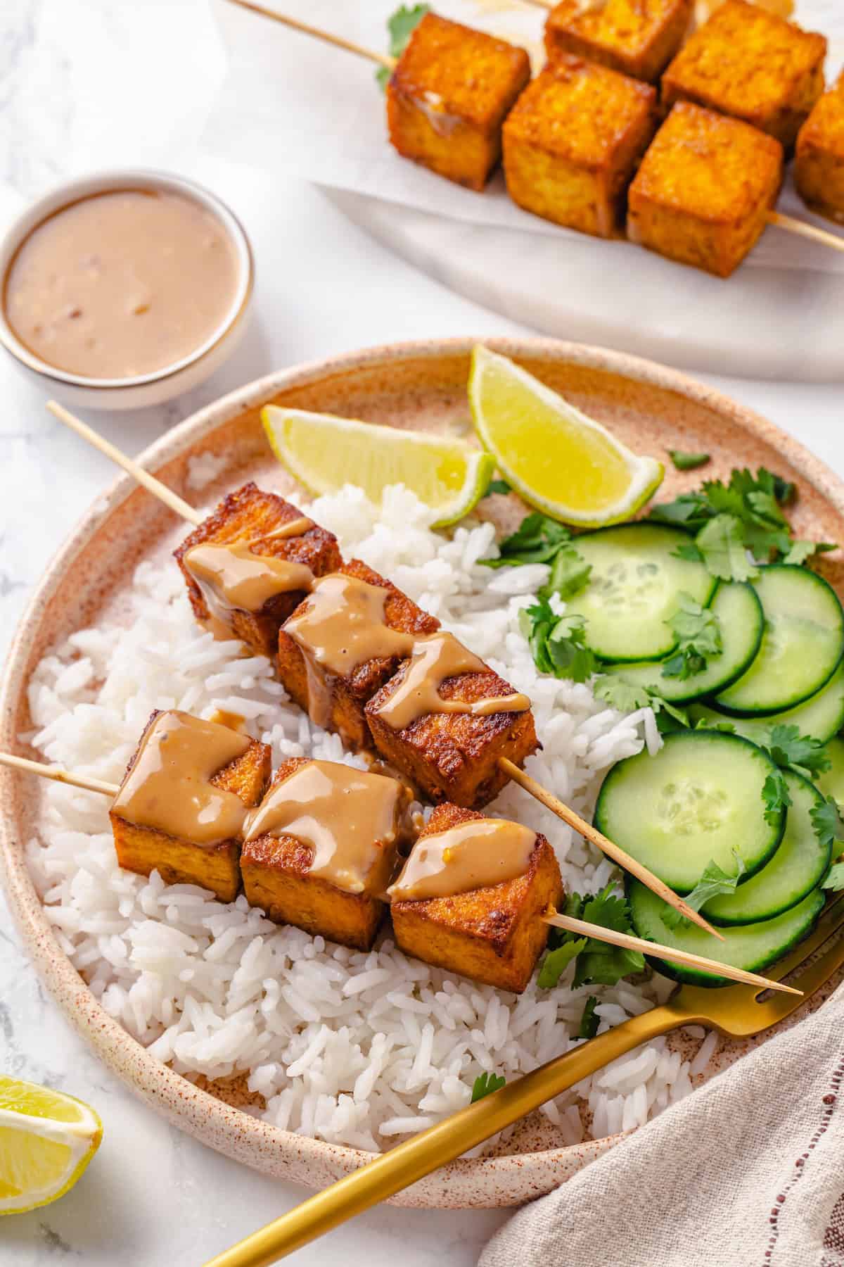 Move over, chicken satay. This tofu satay delivers all the sweet, savoury, tang you crave, with firm caramelised tofu and Thai peanut sauce. Tofu satay served with jasmine rice, cucumber, lime, cilantro, and Thai peanut sauce.