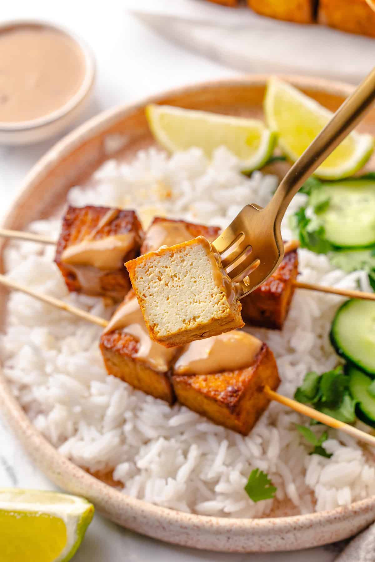 Move over, chicken satay. This tofu satay delivers all the sweet, savoury, tang you crave, with firm caramelised tofu and Thai peanut sauce. A fork holding a bite of tofu satay up to the camera.