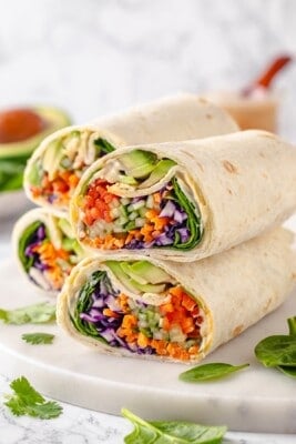 2 veggie wraps, cut in half, stacked on top of each other.