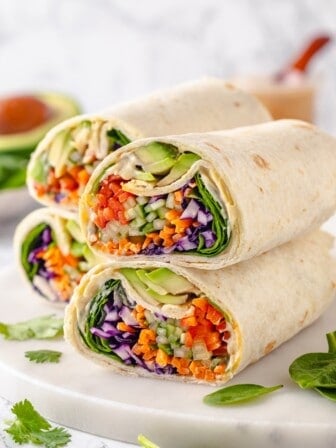 2 veggie wraps, cut in half, stacked on top of each other.