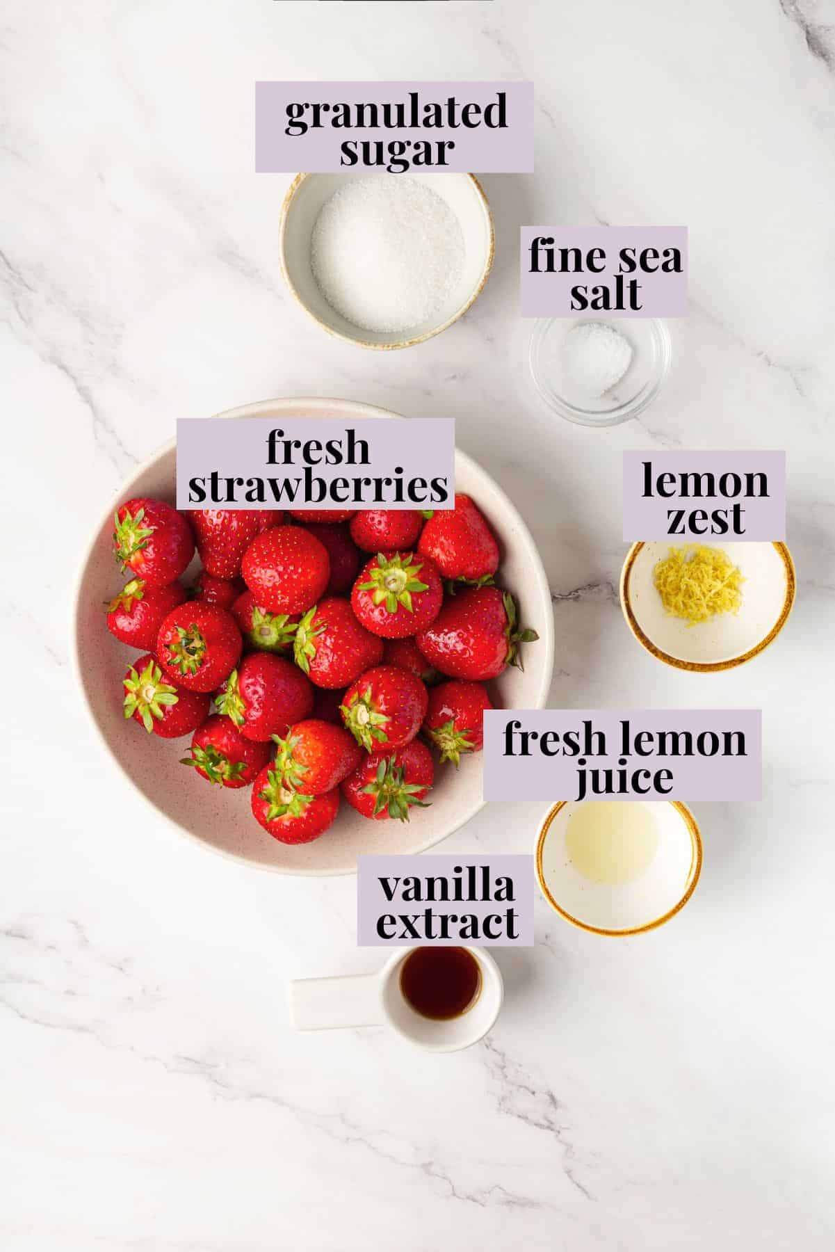 These beautifully simple macerated strawberries are so sweet and syrupy. They're a perfect addition to the breakfast OR dessert table. Labeled ingredients for macerated strawberry recipe.