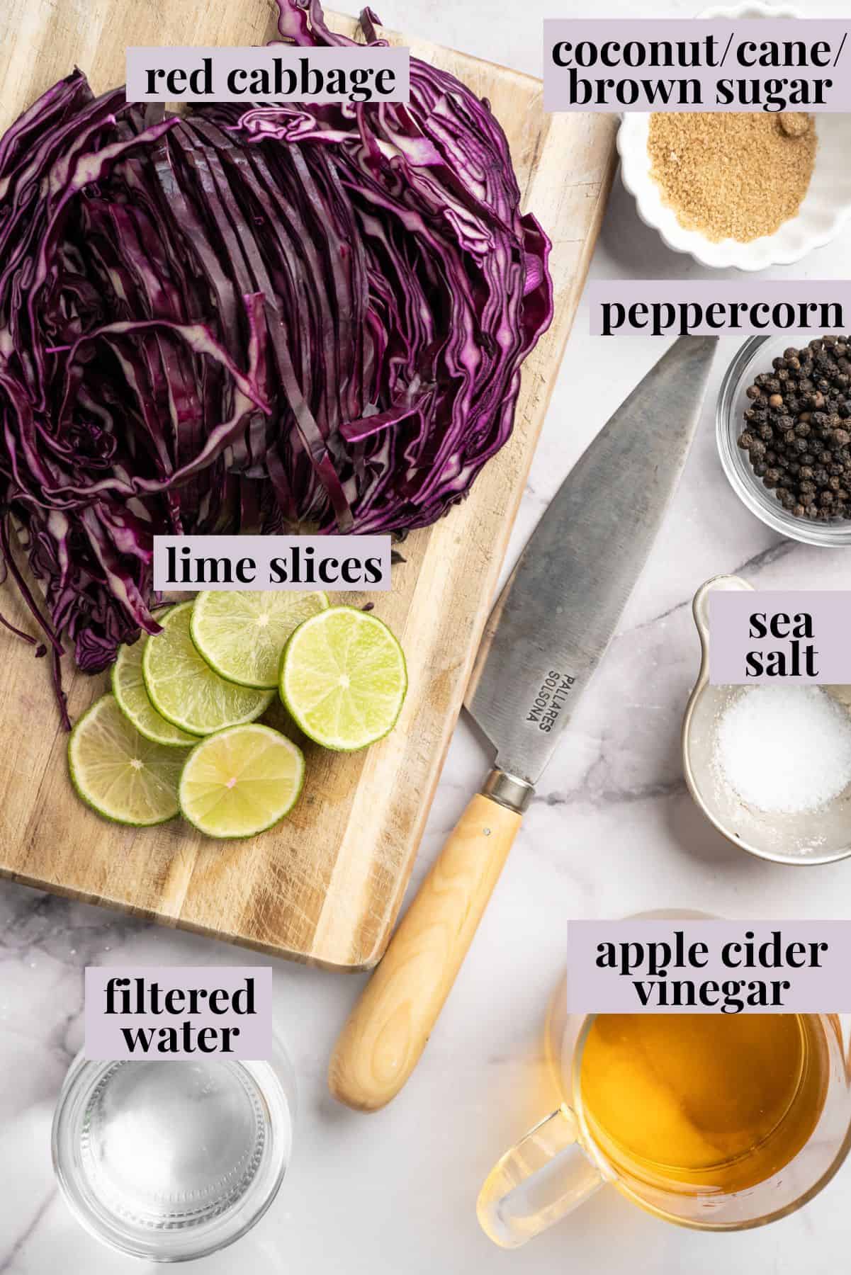This quick pickled cabbage comes out incredibly flavourful (brine-y, tangy, and a tad sweet) with a subtle crunch. And in just a few minutes! Labeled ingredients fro pickled cabbage recipe.