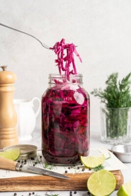 A fork lifting some pickled red cabbage from a jar.