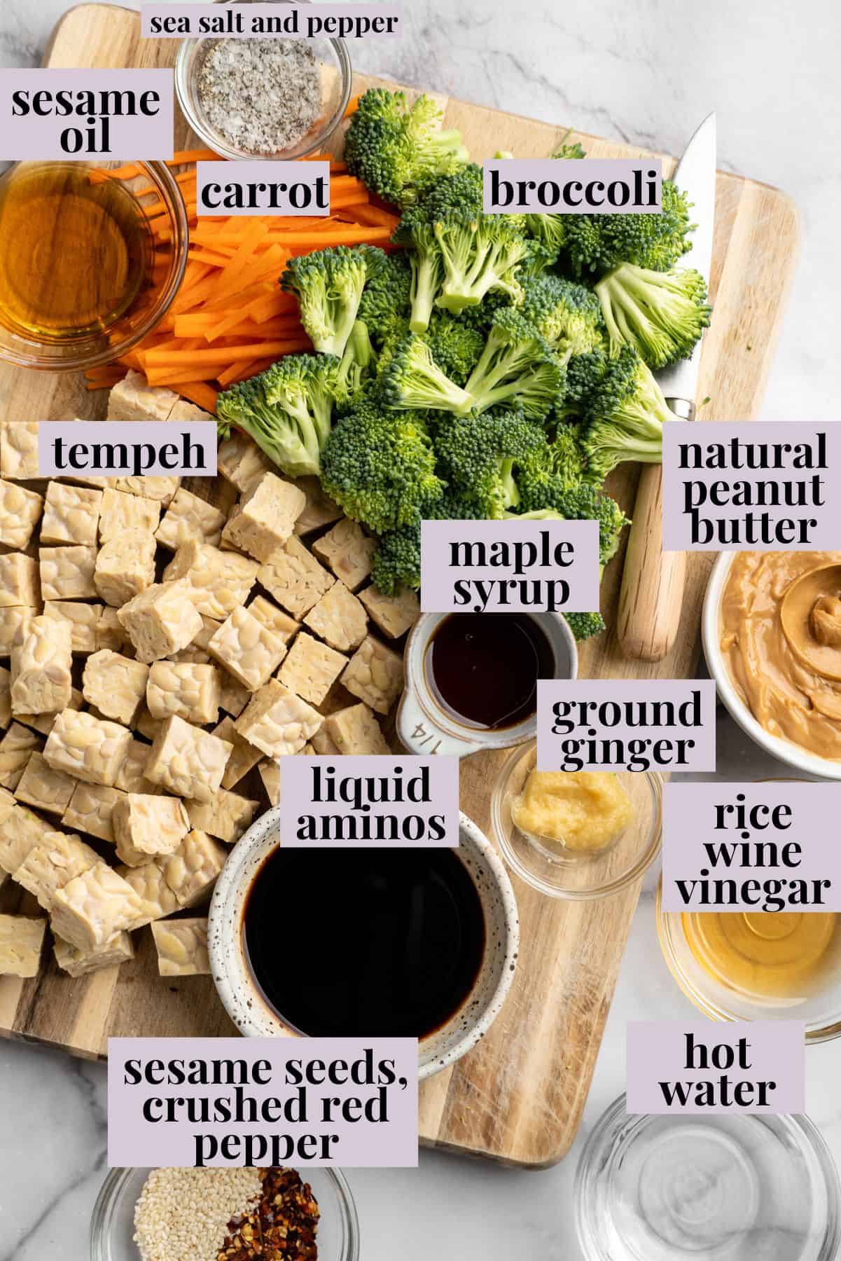 This 35-minute tempeh stir fry combines crispy golden tempeh, tender veggies, and a creamy, savoury-sweet Thai-style peanut sauce. Labeled ingredients for tempeh stir fry recipe.