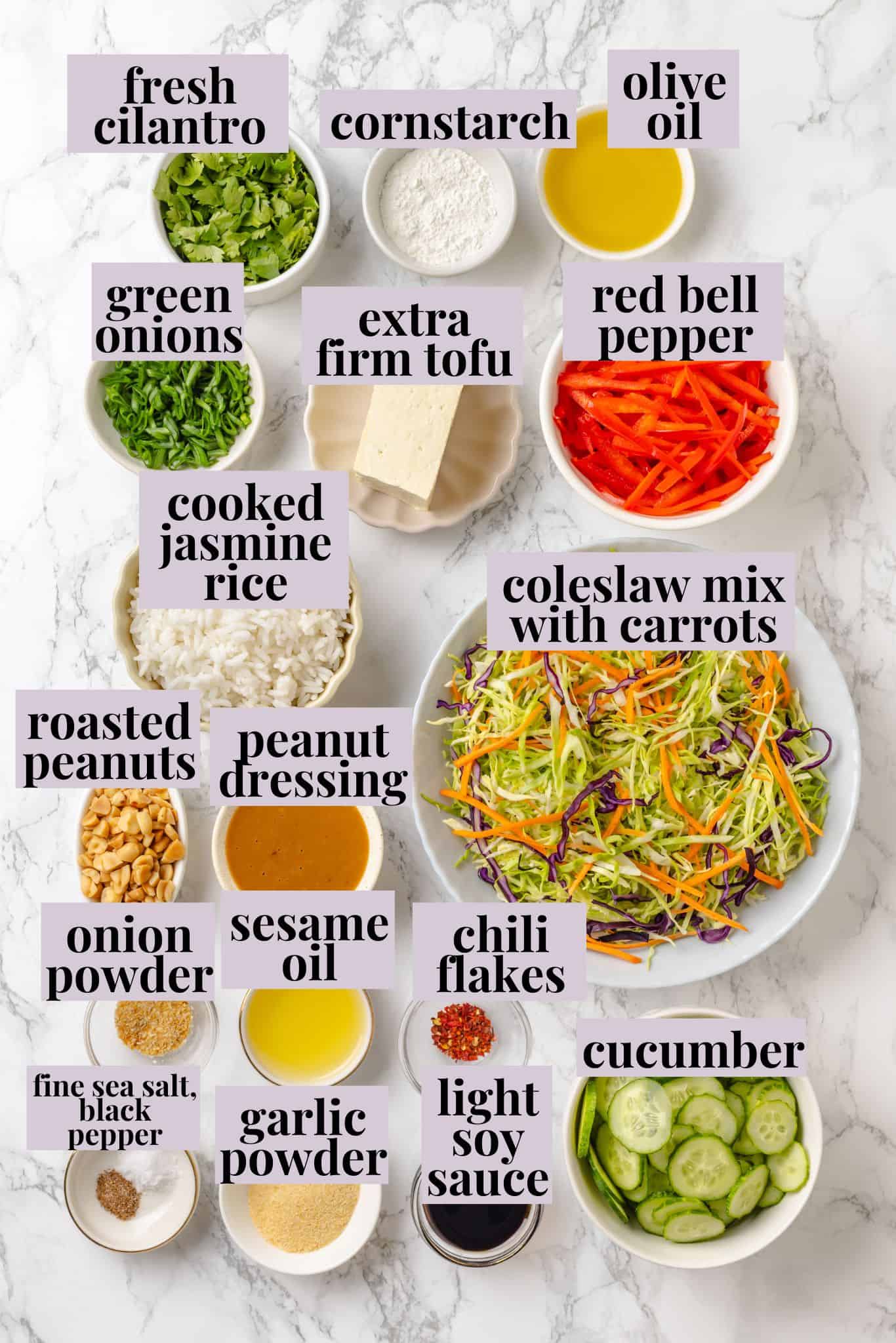 This crispy rice salad is made with soy-infused baked rice tossed with crunchy veggies, caramelized roasted tofu, and Thai peanut sauce. Labeled ingredients for crispy rice salad.