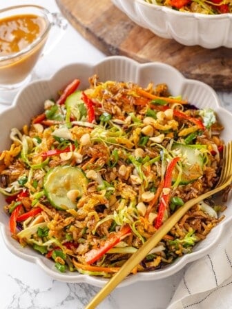 A bowl full of crispy rice and tofu salad.