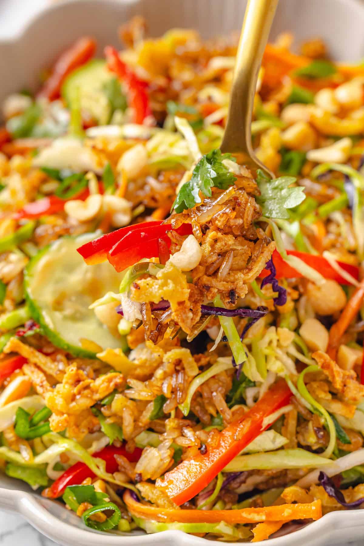 This crispy rice salad is made with soy-infused baked rice tossed with crunchy veggies, caramelized roasted tofu, and Thai peanut sauce. A fork diving into crispy rice salad.