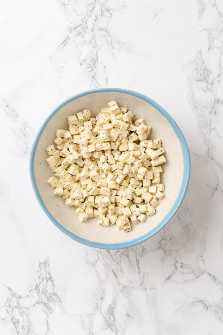 Creamy and crunchy, this macaroni salad recipe is made with crumbled tofu and a touch of kala namak for that old-school eggy flavor. Cubed tofu seasoned with kala namak.