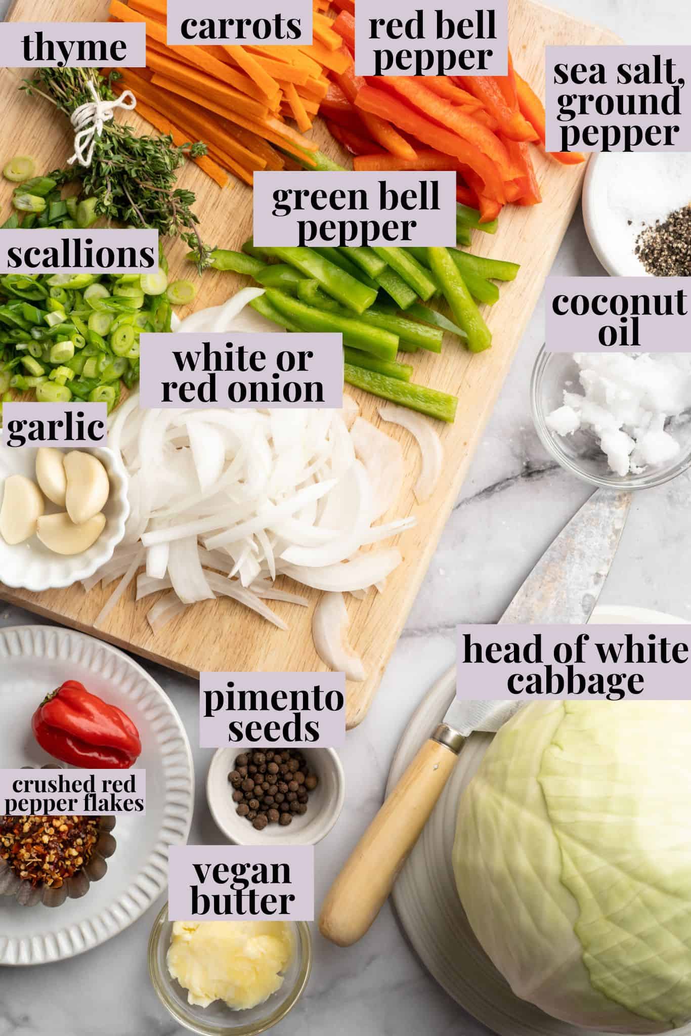 This Jamaican steamed cabbage recipe uses simple cooking methods and simple ingredients to infuse veggies with sweet, savoury island flavour. Labeled ingredients for Jamaican steamed cabbage recipe.