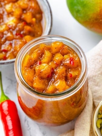 A jar of mango chutney.