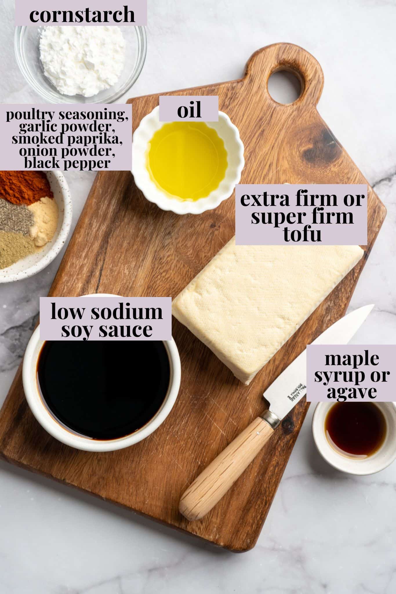 This shredded tofu is tossed in a savoury sauce and baked to crispy golden brown. It's the perfect protein addition to any vegan meal. Labeled ingredients for shredded tofu recipe.