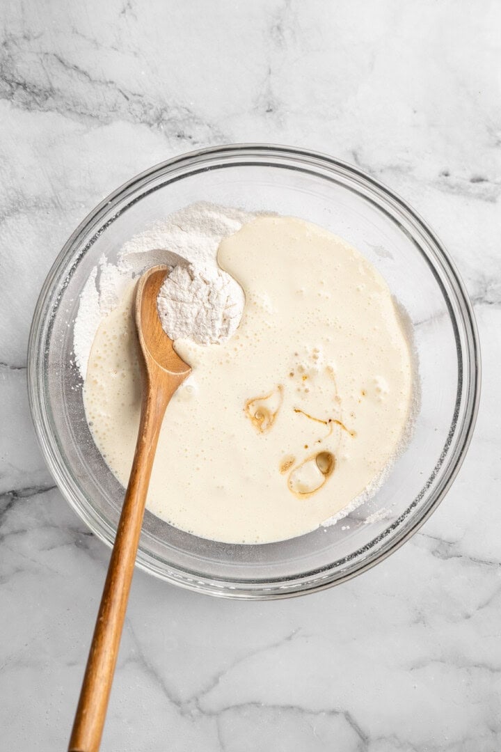 Easy to make and SO light and fluffy, these vegan cottage cheese pancakes are about to become your go-to, protein-packed breakfast. adding the wet ingredients for the dry ingredients for vegan pancake batter.
