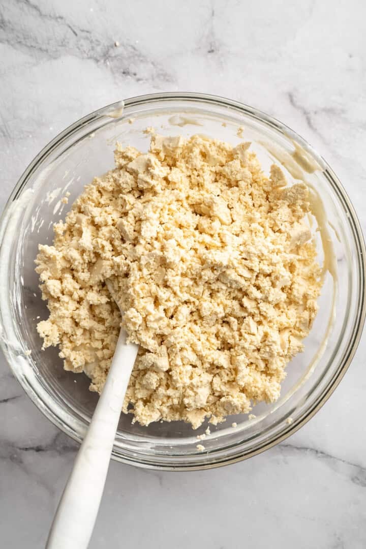 This vegan cottage cheese recipe marinates perfectly tender tofu "curds" in a savoury, tangy, salty sauce. It's a vegan staple you need! Crumbled extra firm tofu in a bowl with vegan Greek yogurt, nutritional yeast, lemon juice, lactic acid powder, and sea salt.