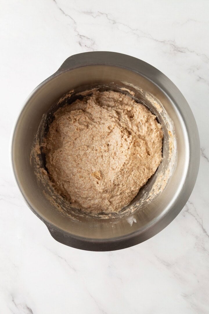 Looking for the perfect slice to build your PB&J or avocado toast on? This soft, tender whole grain sandwich bread is for you. Olive oil, salt, whole wheat flour, sugar, activated yeast, and water mixed together to form a bread dough.