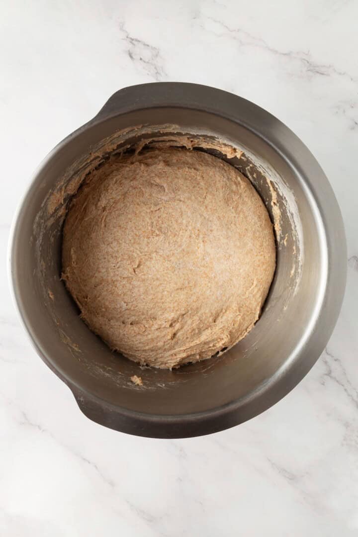 Looking for the perfect slice to build your PB&J or avocado toast on? This soft, tender whole grain sandwich bread is for you. Well-kneaded whole grain bread dough in a bowl.