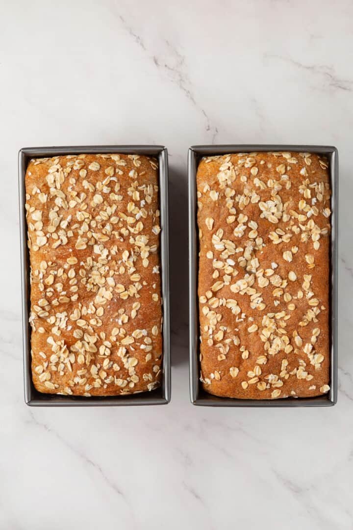Looking for the perfect slice to build your PB&J or avocado toast on? This soft, tender whole grain sandwich bread is for you. Overhead image of two loaves of homemade whole grain sandwich bread cooling in their loaf pans.