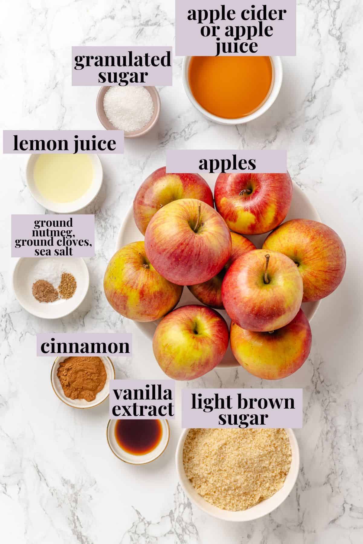 Apple butter should be the first on your autumn to-make list. Smooth and glossy, it's bursting with all the cozy spices of the season. Labeled ingredients for apple butter recipe.