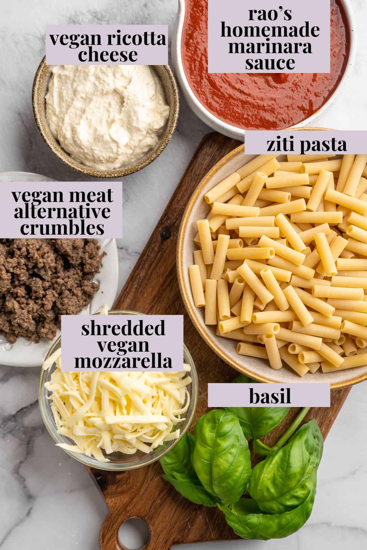 Vegan baked ziti, with its al dente noodles, savoury marinara sauce, and gooey cheese, married together bite after bite, is true comfort food. Labeled ingredients for vegan baked ziti.
