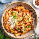 Overhead image of a bowl of vegan baked ziti.