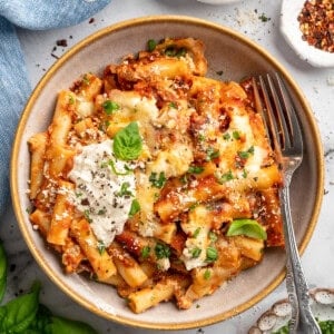 Overhead image of a bowl of vegan baked ziti.