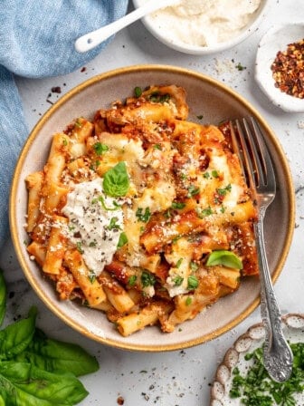 Overhead image of a bowl of vegan baked ziti.