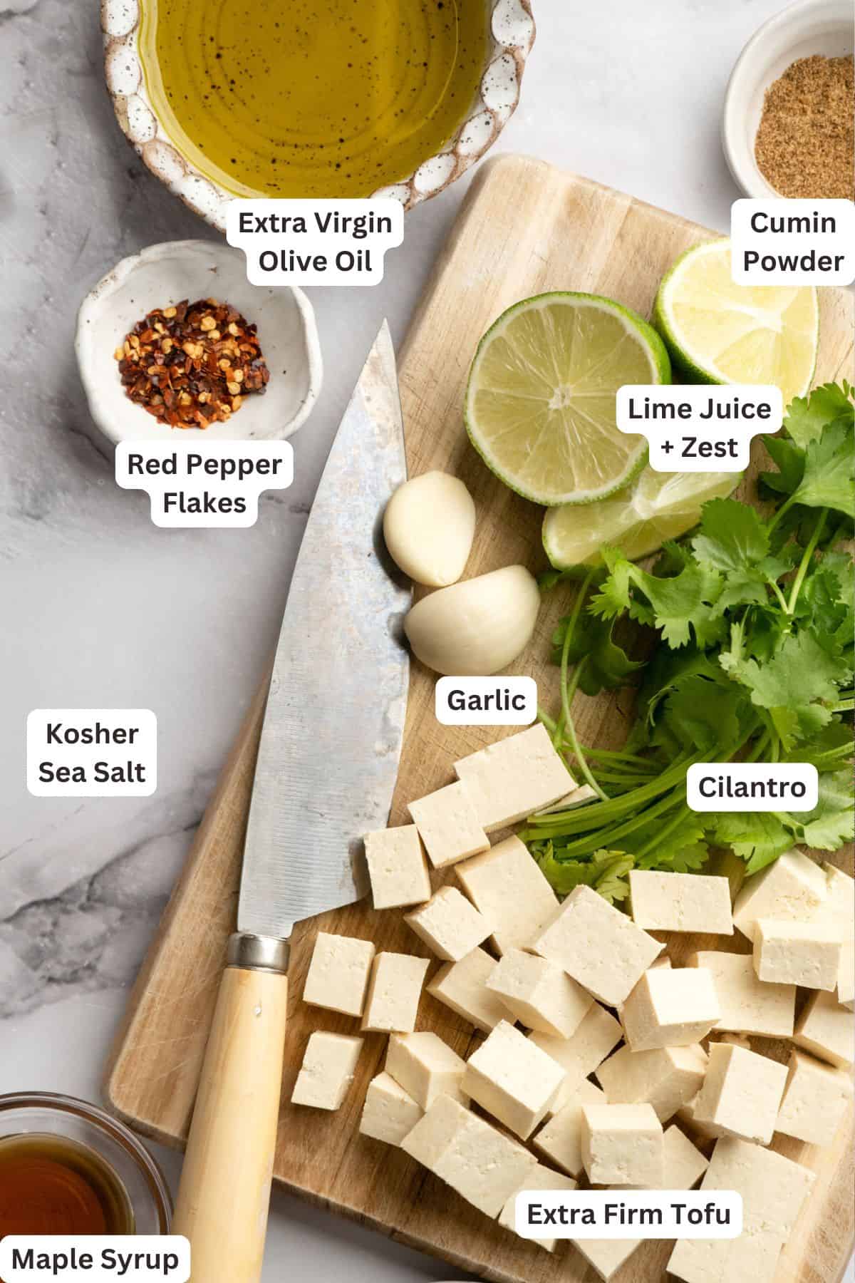 Bursting with zippy lime, sweet, citrusy cilantro, and a hit of garlic, this golden-brown cilantro lime marinated tofu is perfect for tacos. Labeled ingredients for cilantro lime marinated tofu.
