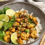 A bowl of cilantro lime marinated tofu over rice.