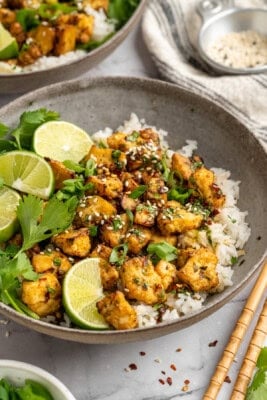 A bowl of cilantro lime marinated tofu over rice.