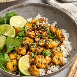 A bowl of cilantro lime marinated tofu over rice.