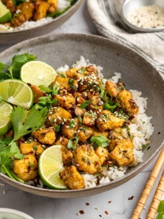 A bowl of cilantro lime marinated tofu over rice.