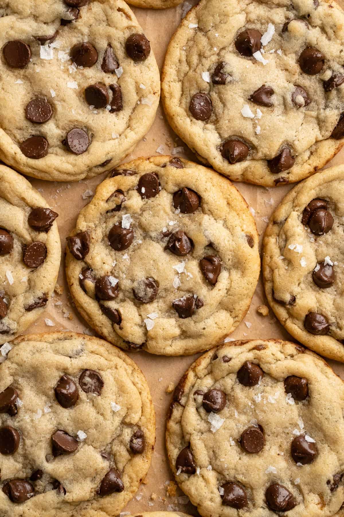 These vegan sourdough chocolate chip cookies are about to up your cookie standards. They're tender and chewy with a subtle sourdough tang. Overhead image of sourdough chocolate chip cookies spread out on parchment paper.