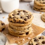 A stack of sourdough chocolate chip cookies.