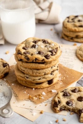 A stack of sourdough chocolate chip cookies.