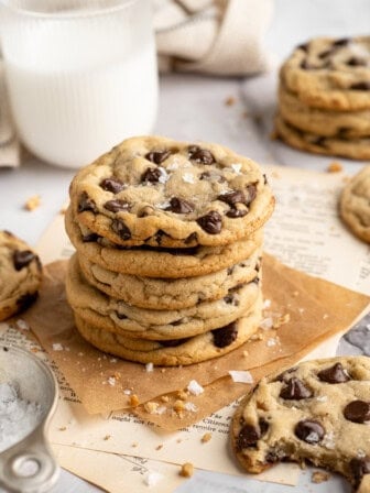 A stack of sourdough chocolate chip cookies.