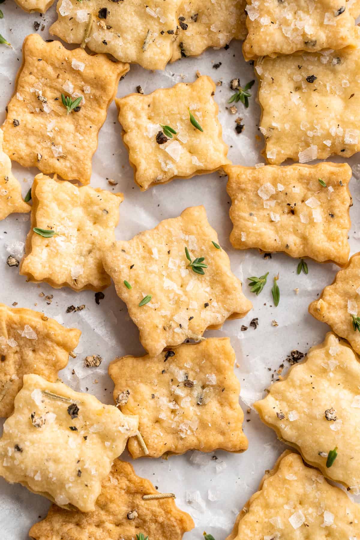 What to do with that sourdough discard? These easy sourdough discard crackers are crunchy, crispy, and flaky, with that best sourdough tang. Overhead image of sourdough crackers with flaky sea salt.