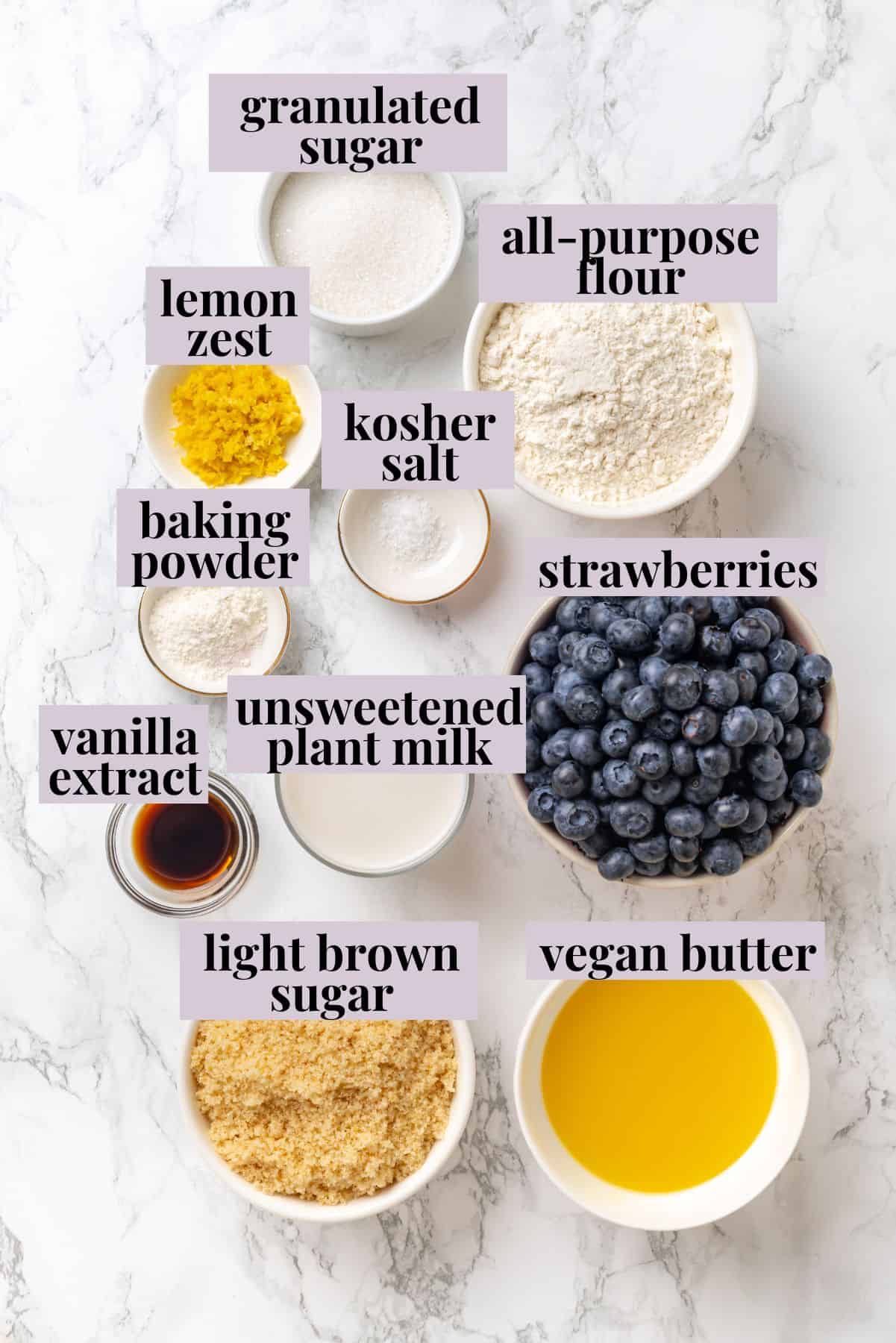 Labeled ingredients for vegan blueberry cobbler recipe.