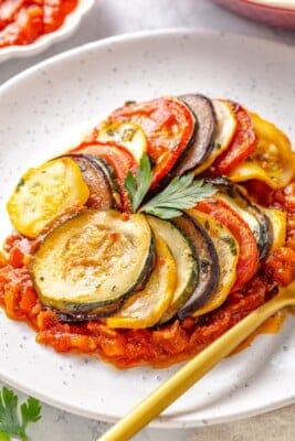 A serving of ratatouille on a plate.