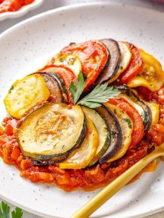 A serving of ratatouille on a plate.