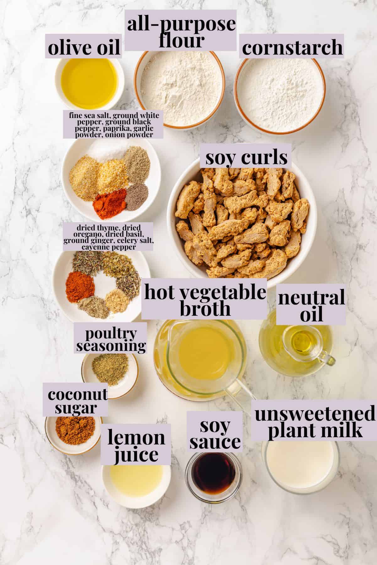 Vegan popcorn chicken features tender soy curls in a crunchy KFC-style breading served with a maple Dijon sauce. It beats takeout any day! Labeled ingredients for vegan popcorn chicken.