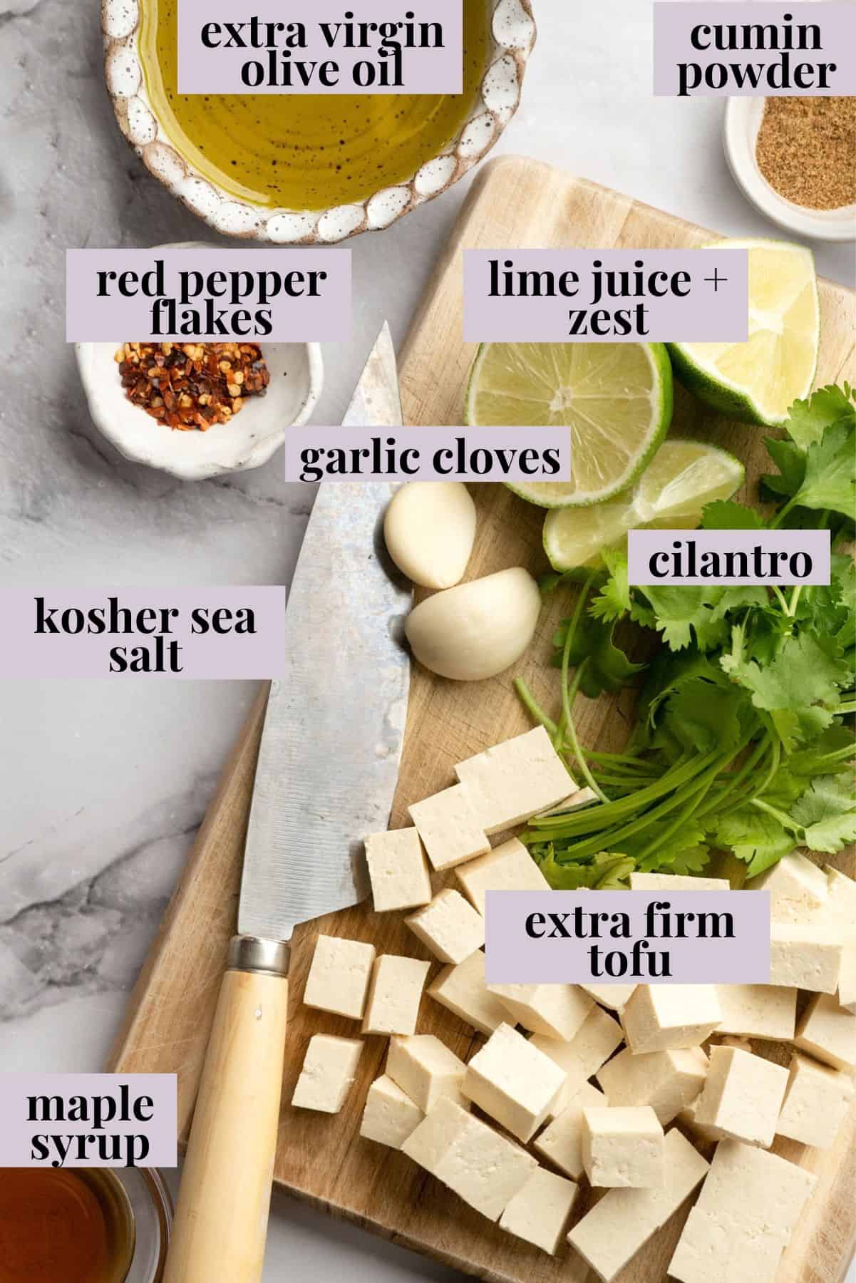 Bursting with zippy lime, sweet, citrusy cilantro, and a hit of garlic, this golden-brown cilantro lime marinated tofu is perfect for tacos. Ingredients for Cilantro Lime Marinated Tofu.