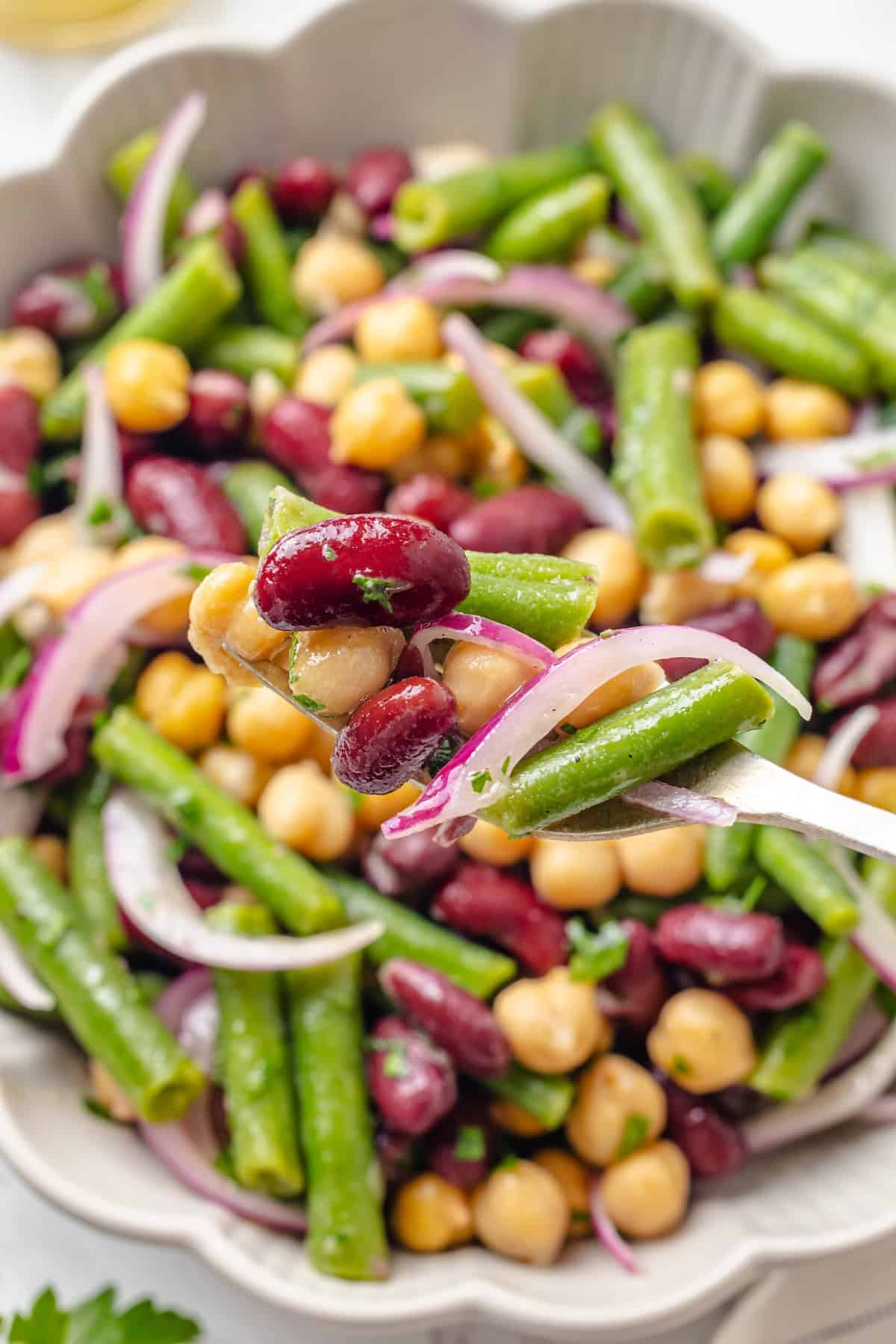 Kidney beans, chickpeas, blanched green beans, slivered red onion, and chopped fresh parsley in a salad bowl. A fork holding a bite of three bean salad up to the camera.