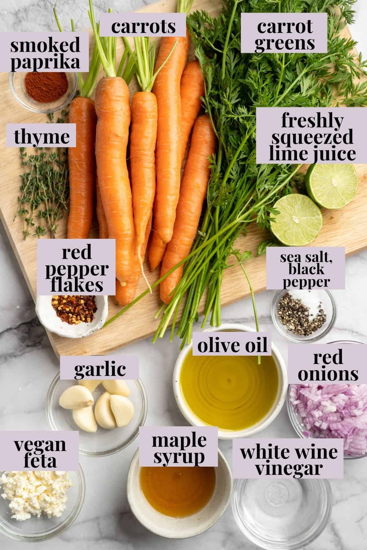 These perfectly caramelized maple roasted carrots are served with a vibrant chimichurri made from the carrot greens themselves. Labeled ingredients for maple roasted carrots with carrot top chimichurri.