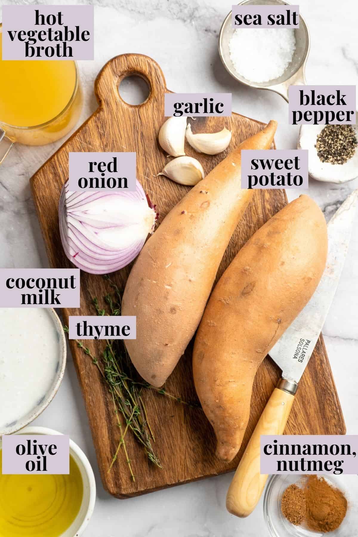 Labeled ingredients for roasted sweet potato soup.