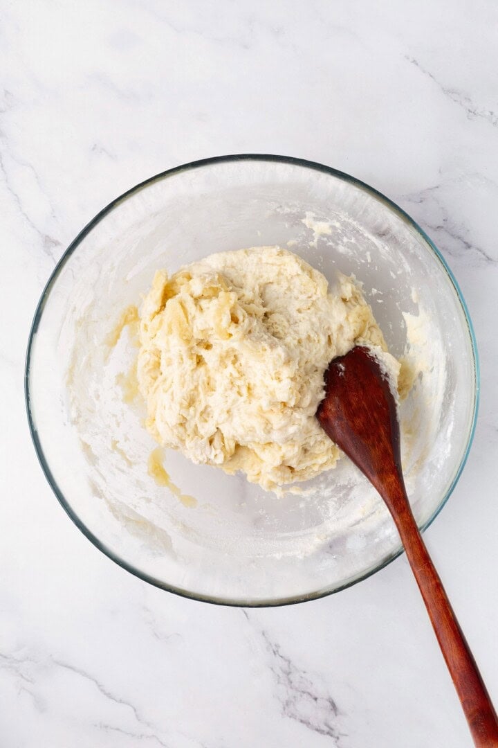 Perfectly soft and chewy, these homemade vegan flour tortillas puff up beautifully in the pan and are ideal for your next burrito. Mixing together the wet and dry ingredients for flour tortilla dough.