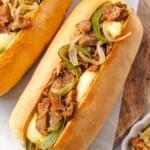 Overhead image of a soy curl Philly cheesesteak sandwich.