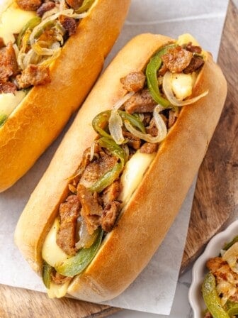 Overhead image of a soy curl Philly cheesesteak sandwich.