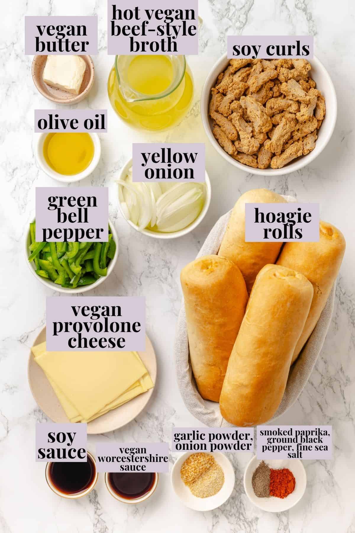 This vegan Philly cheesesteak is piled high with golden-brown, savoury soy curl "steak", tender sautéed veggies, and melted vegan provolone. Labeled ingredients for soy curl Philly cheesesteak recipe.