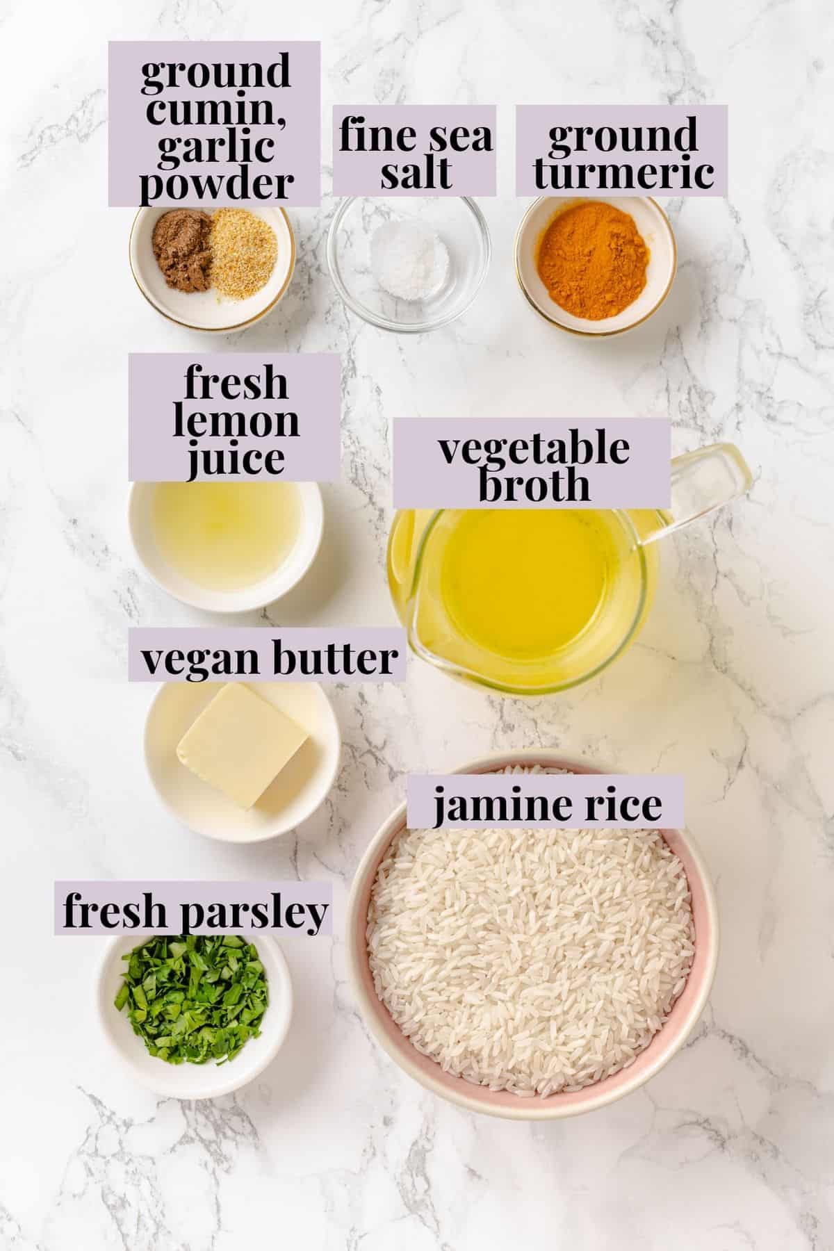 This easy yellow rice is toasted with peppery turmeric and warming cumin and simmered to fluffy perfection in veggie broth. Labeled ingredients for yellow rice recipe.
